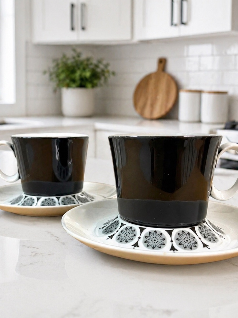 FMS Fashion Manor Midnight Snow Cup Saucer Set (2) Japan MCM Black Floral China